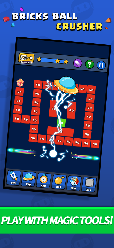 Bricks Ball Crusher - Gameplay of Bricks Ball Crusher featuring a UFO magic tool and lightning effects destroying bricks