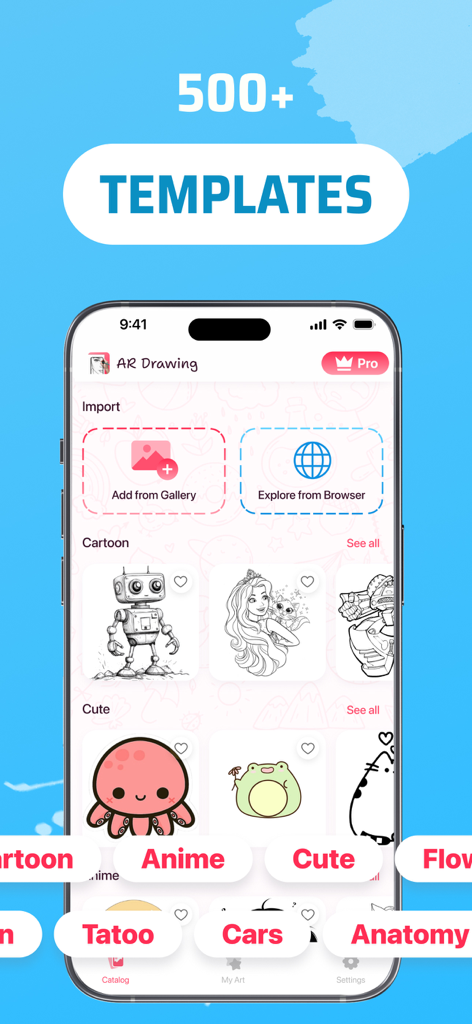 AR Drawing Sketch App: ArtEasy - AR Drawing Sketch App ArtEasy interface showing a library of over five hundred drawing templates for tracing