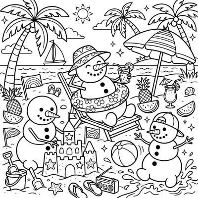 Who said snowmen only love winter? Discover our delightful coloring page where traditional snowmen trade their snowy hills for sandy beaches, enjoying a perfect summer vacation with tropical treats and beach games.