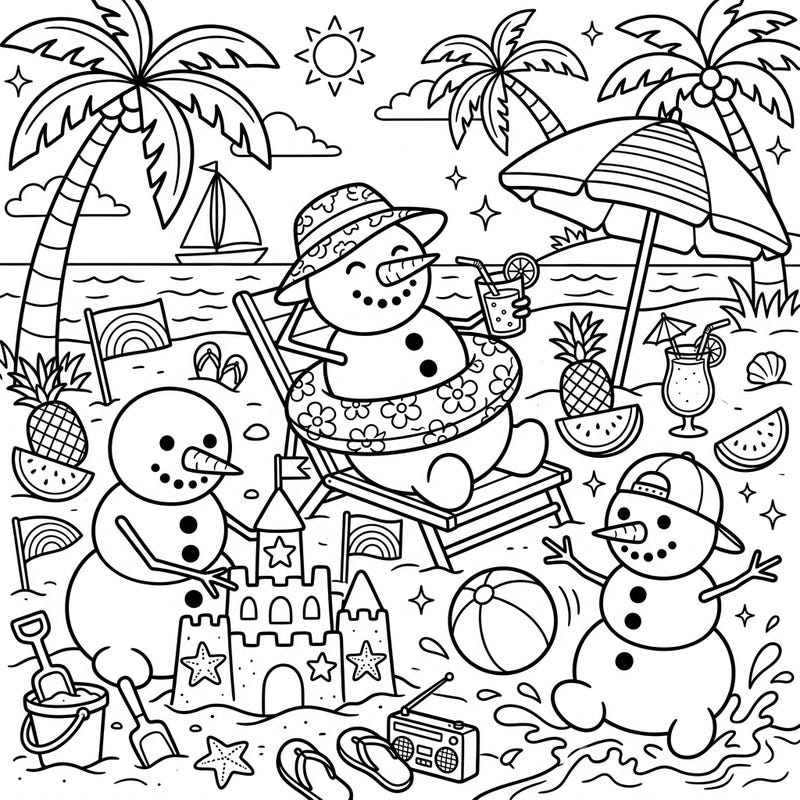 Who said snowmen only love winter? Discover our delightful coloring page where traditional snowmen trade their snowy hills for sandy beaches, enjoying a perfect summer vacation with tropical treats and beach games.