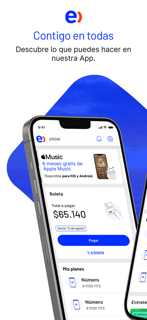 Entel - Écran de l'application mobile Entel affichant les détails du paiement de la facture et les offres spéciales comme Apple Music
