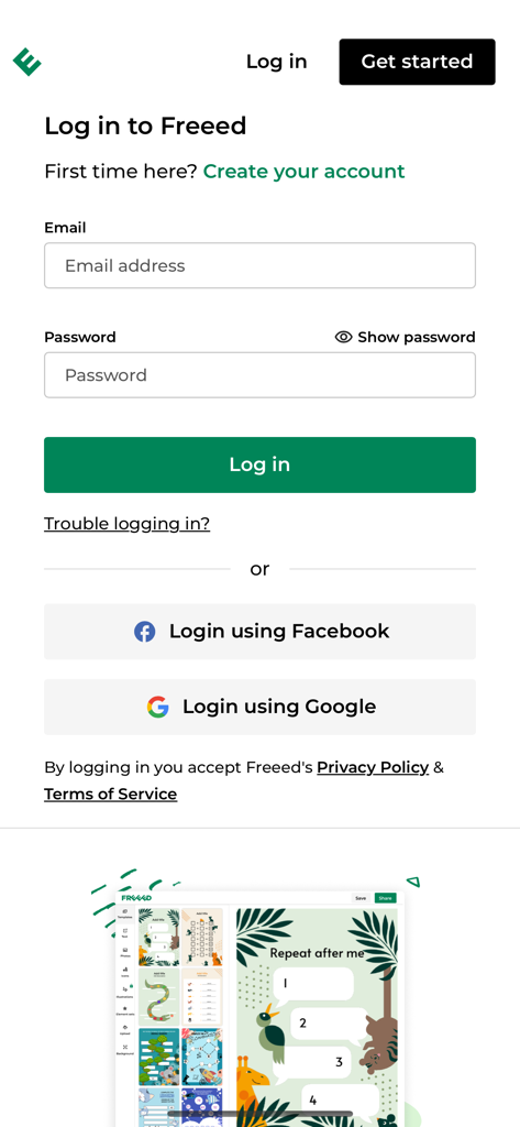 Login page for the Freeed for Teachers app featuring email and social sign in options.