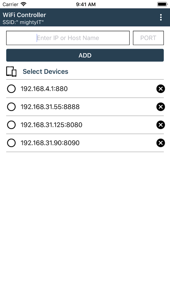List of ESP8266 devices by IP address in the WiFi Controller app