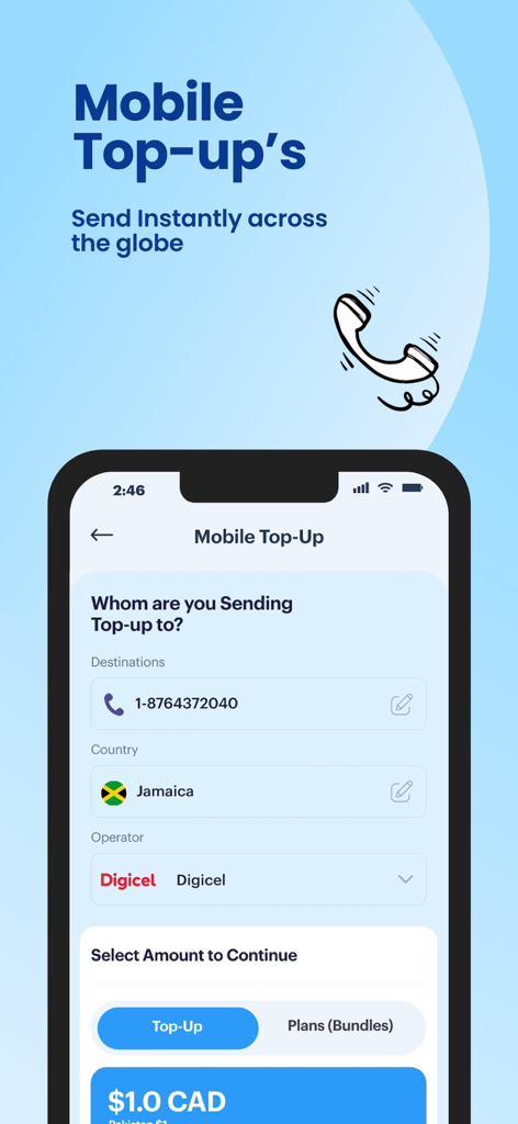 Raza.com International Calling - Raza app interface for sending instant international mobile top-ups and airtime to countries like Jamaica
