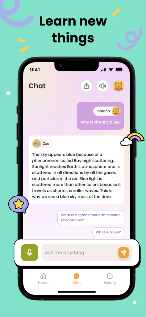 Interface of the Zoe AI chat bot for kids showing a safe educational conversation about why the sky is blue
