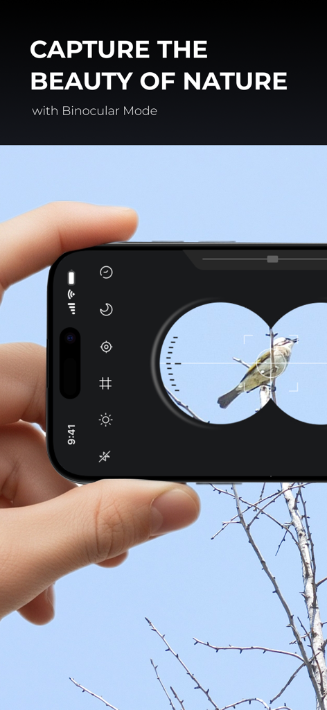 Super Zoom Telescope HD Camera - Pantalla del iPhone mostrando el modo binocular haciendo zoom en un pájaro en la naturaleza
