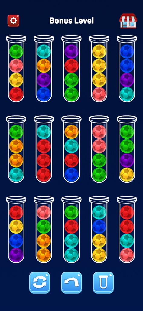 Ball Puzzle - Color Sorting - Bonus level gameplay of Ball Puzzle showing multiple glass tubes filled with unsorted colorful soccer balls.