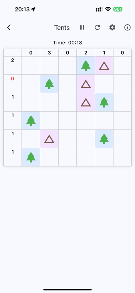 Puzzle Master - Brain Training - A minimalist grid based logic puzzle called Tents in the Puzzle Master app showing trees and tent icons