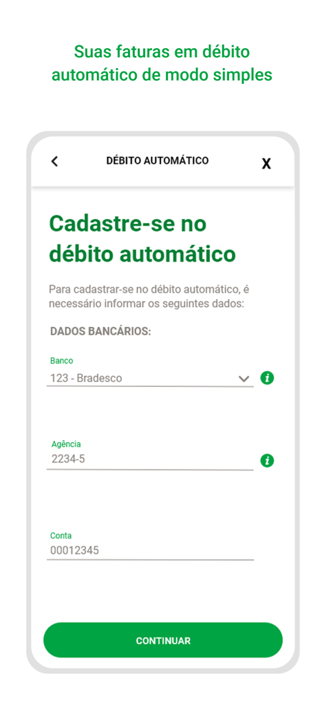 Neoenergia SA - Neoenergia app screen showing automatic debit registration form for bank account details