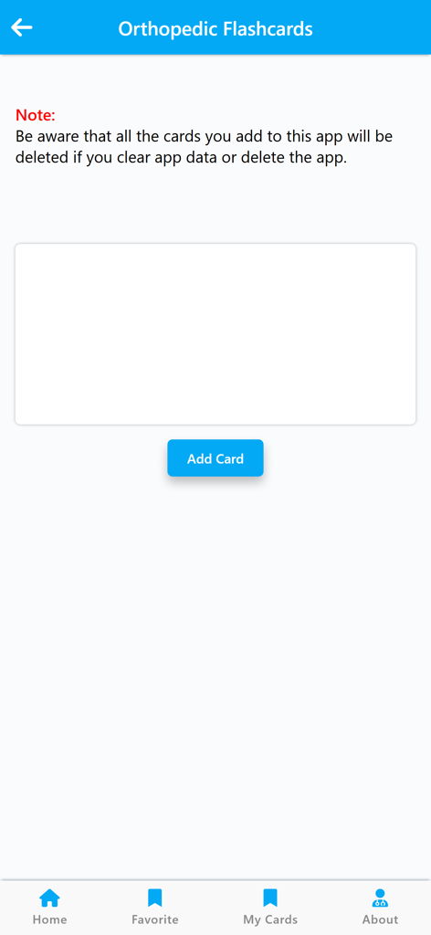 Orthopedic Flash Cards & Notes - Interfaz para agregar una tarjeta de memoria personalizada con un campo de entrada de texto y un botón azul de agregar tarjeta.