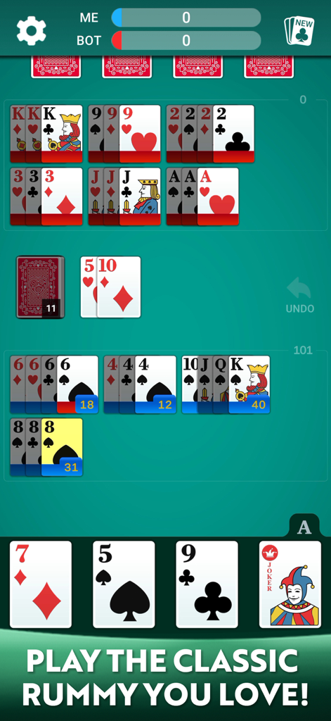 Gameplay do jogo de cartas Rummy 500 mostrando cartas grandes e legíveis e melds em uma mesa verde