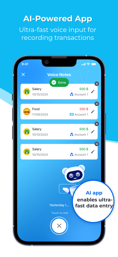 Spending Tracker App-Oberfläche, die KI-Spracheingabe für schnelle Erfassung von Ausgaben und Einnahmen zeigt