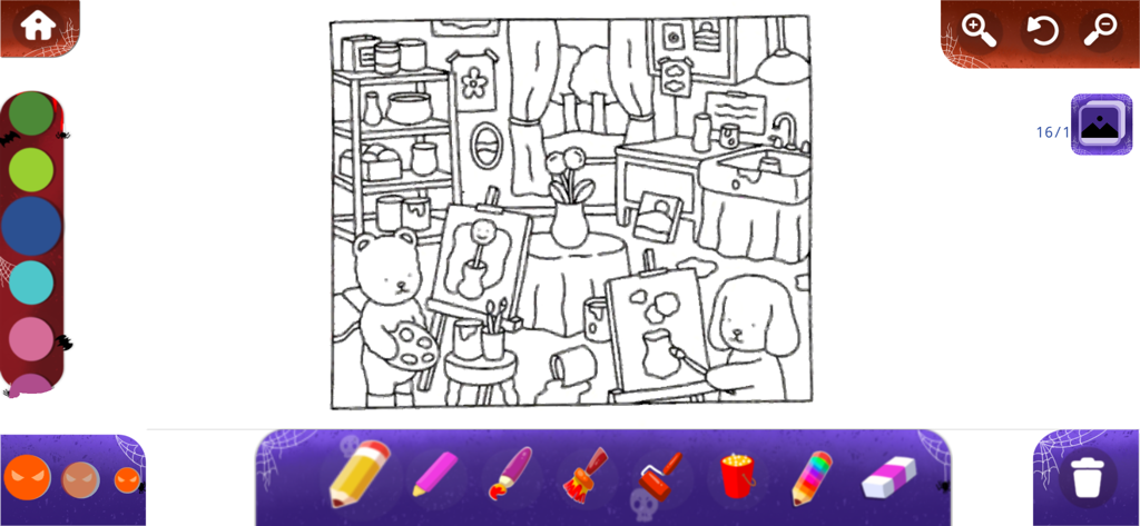 Bobbie Goods Art Coloring Book - Uma interface de livro de colorir digital apresentando personagens Bobbie Goods em um estúdio de arte com várias ferramentas de desenho
