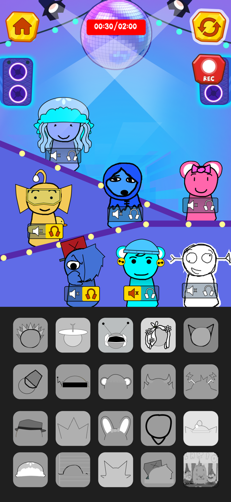 Horror Beats: Scary Music - 다채로운 만화 캐릭터와 아래에는 음악 믹싱을 위한 다양한 사운드 아이콘이 있는 호러 비트 앱 인터페이스를 보여주는 스크린샷입니다.