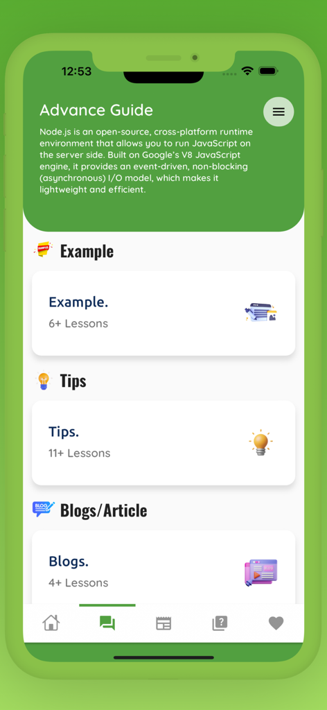 NodeJS Programming Guide - Oberfläche der NodeJS Programming Guide App mit dem Abschnitt 'Advanced Guide' mit Beispielen, Tipps und Artikeln