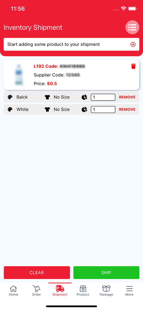 L192 Delivery and Business - Inventory shipment screen showing product selection quantity adjustment and shipping options