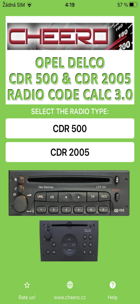 Opel Delco radio code calculator app selection screen for CDR 500 and CDR 2005 models