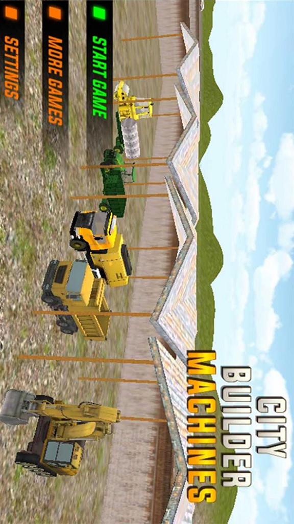 Main menu of City Builder Machines showing various construction vehicles including an excavator and dump trucks with a start game button