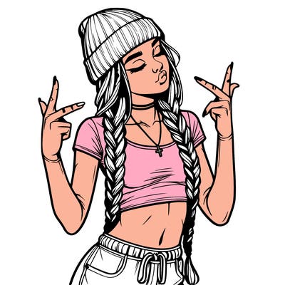 realistic teenage girl with braids and a beanie and crop top doing 🫶🏼