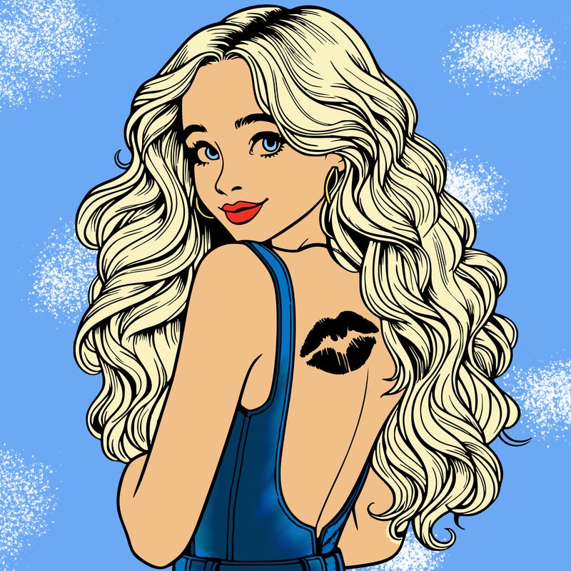 a beautiful woman looking like sabrina carpenter  with curtain bangs an long soft curled hair is wearing a jeans top with an open back. she stands a bit tilted looking to us with a soft smile. she has a lipstain on her back close to her left shoulder.
