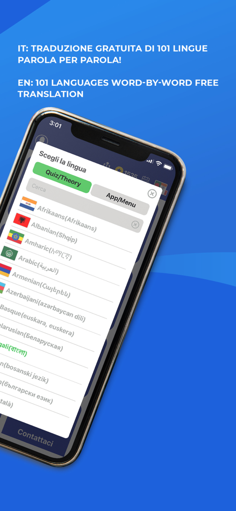 Menu de sélection de langue dans l'application de quiz de permis de conduire italien affichant plusieurs options de traduction.