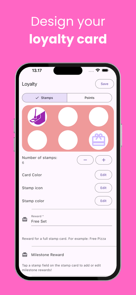 WinStamp Business - Una pantalla en la app WinStamp Business para diseñar y personalizar una tarjeta de sellos de fidelización digital.