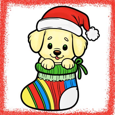 cute puppy wearing santa hat in socking