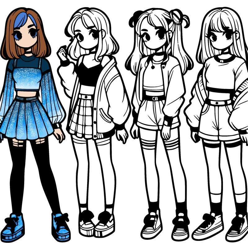 one girl with crop-top shirt and a jacket with a skirt, long socks and another girl with a shirt and pants with a jacket