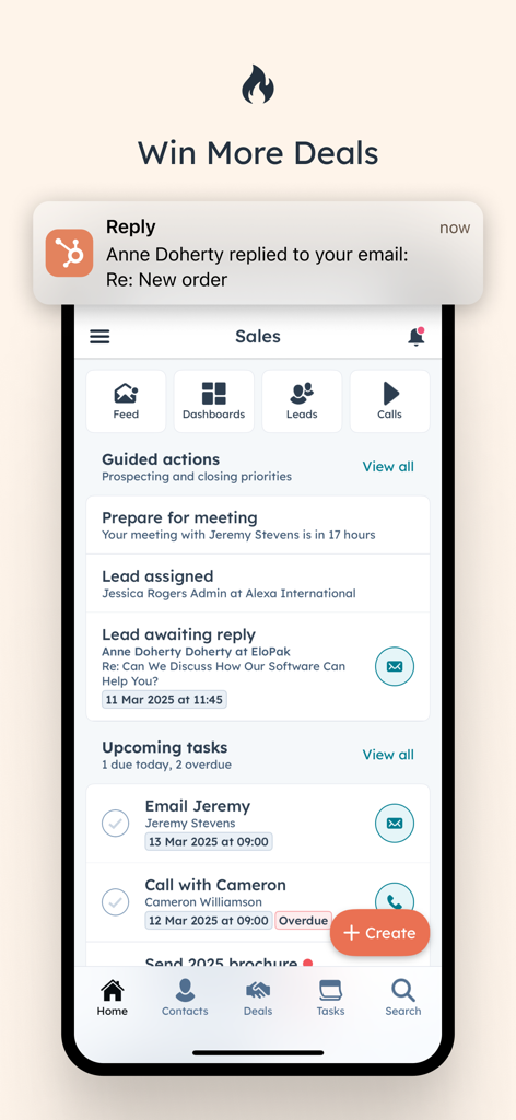 HubSpot mobile app sales dashboard showing lead activity and upcoming tasks