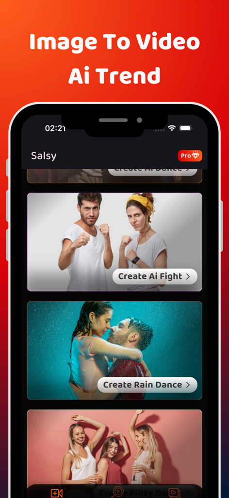 Salsy: AI Fight Video Creator - Salsy app screen showing options to create AI fight and dance videos from photos