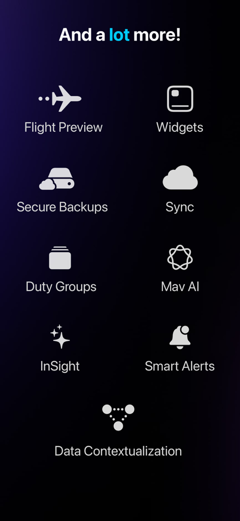 A summary of additional Airlog app features including Mav AI, secure backups, sync, and smart alerts for professional pilots.