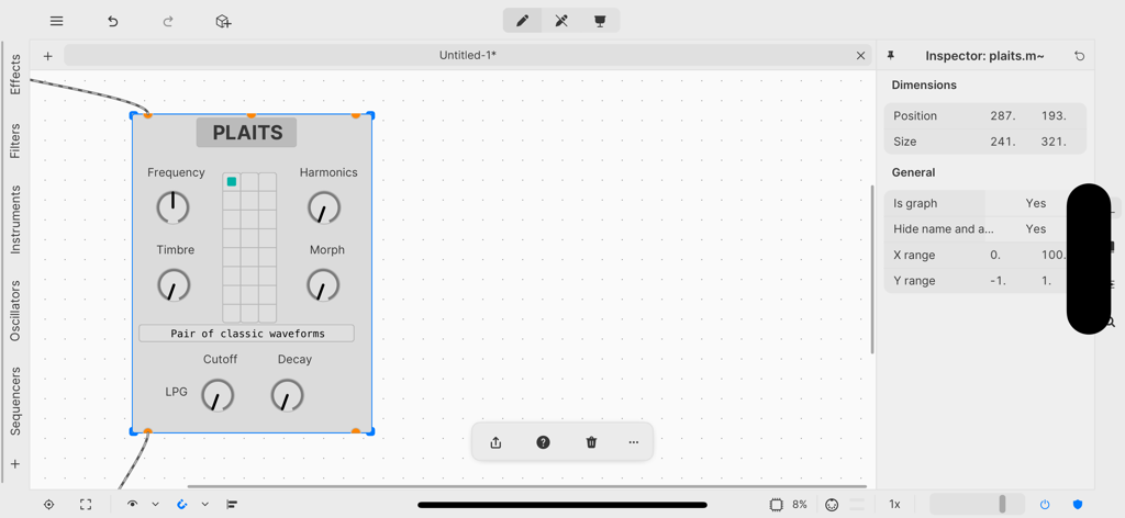 plugdata - The plugdata app interface showing a visual audio patch with a Plaits synthesizer module and control knobs.