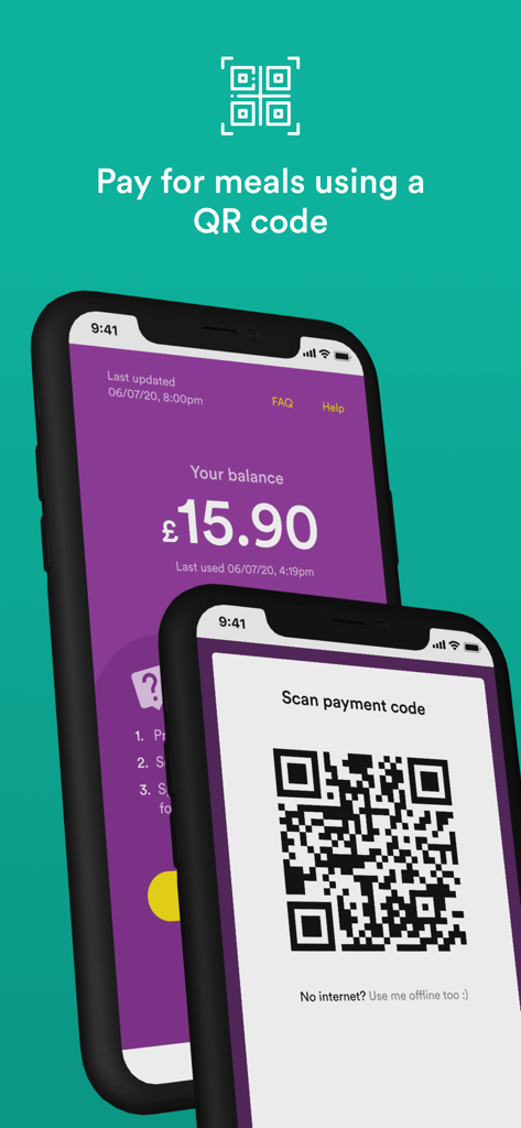 MyNottingham - Two smartphone screens displaying the MyNottingham app meal payment feature with account balance and a QR code for scanning.