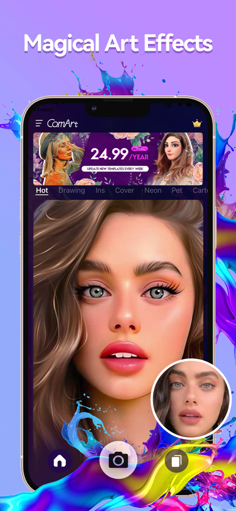 CamArt-Cut Out&Art Filters - CamArt app interface showing magical art filters applied to a portrait photo