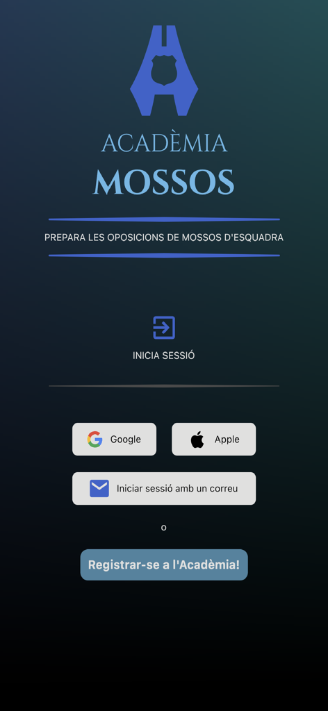 Pantalla de inicio de sesión de la aplicación Academia Mossos con opciones para iniciar sesión a través de Google, Apple o correo electrónico