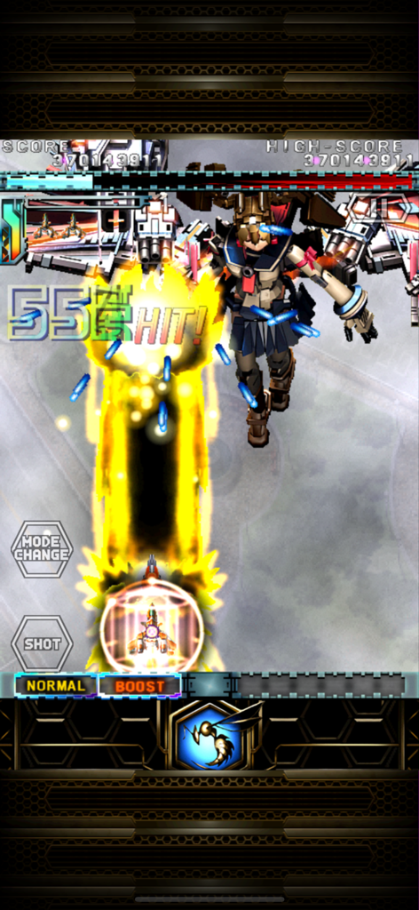 Intenso gameplay de inferno de balas em DoDonPachi Resurrection HD apresentando um ataque de laser gigante contra um chefe.