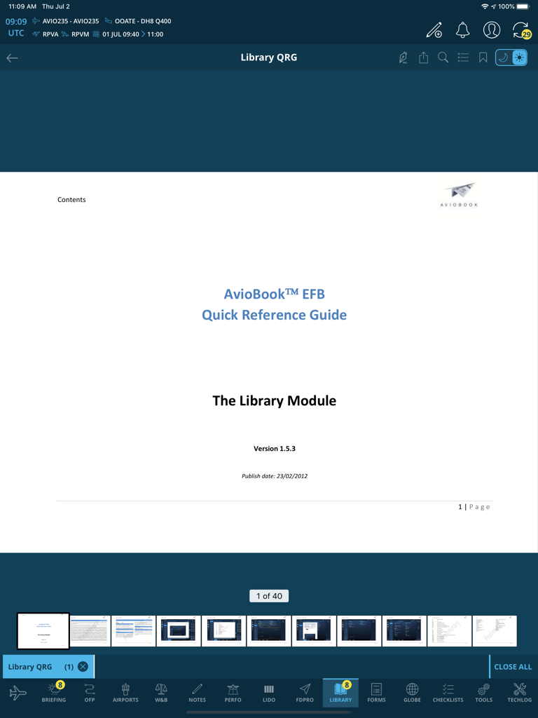 AvioBook Flight - Interface of the AvioBook Flight app on an iPad showing the Library module and Quick Reference Guide.