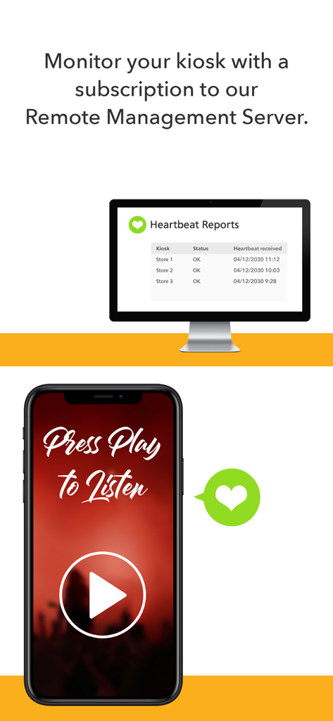 Dashboard mostrando relatórios de pulsação e monitoramento de status para vários quiosques remotos em dispositivos desktop e móveis.