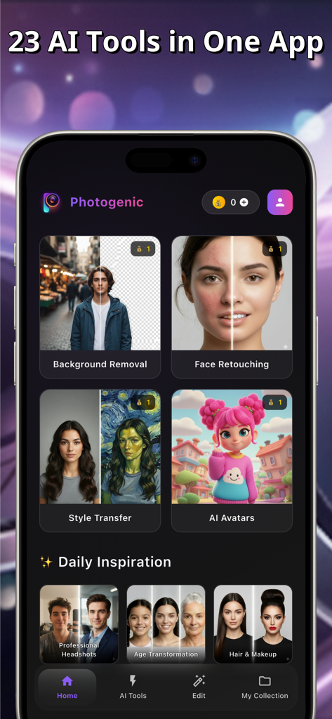 Photogenic AI - Photo Editor - Interfaz de la aplicación Photogenic AI mostrando un menú de 23 herramientas de edición de fotos, incluyendo retoque facial y eliminación de fondos