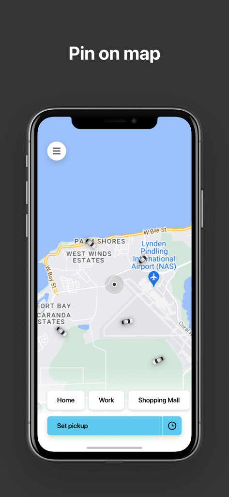 Tribur - Request a Ride - Tribur app interface showing available taxis on a map near Nassau airport