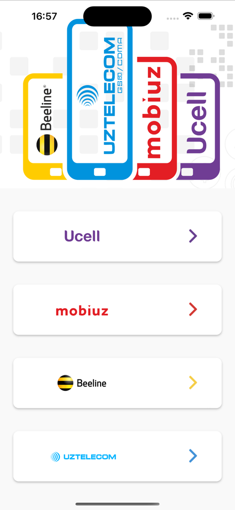 USSD Uzbekistan - USSD Uzbekistan app home screen displaying selection buttons for Ucell, Mobiuz, Beeline, and Uztelecom carriers.