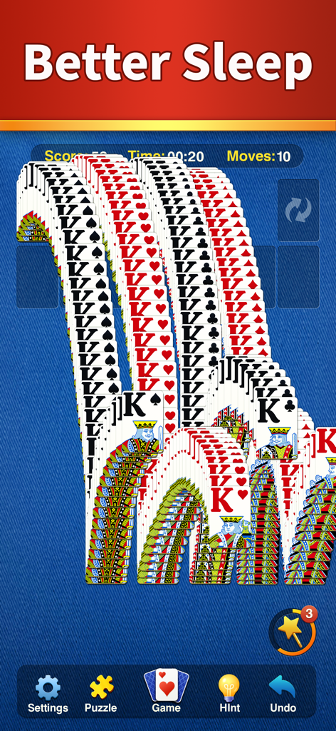 Solitaire card game winning animation with Better Sleep text on a blue background