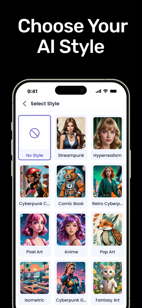 AI Art & Image Generator - アニメやサイバーパンクなどのさまざまなAIアートスタイルを紹介するモバイルアプリのインターフェース