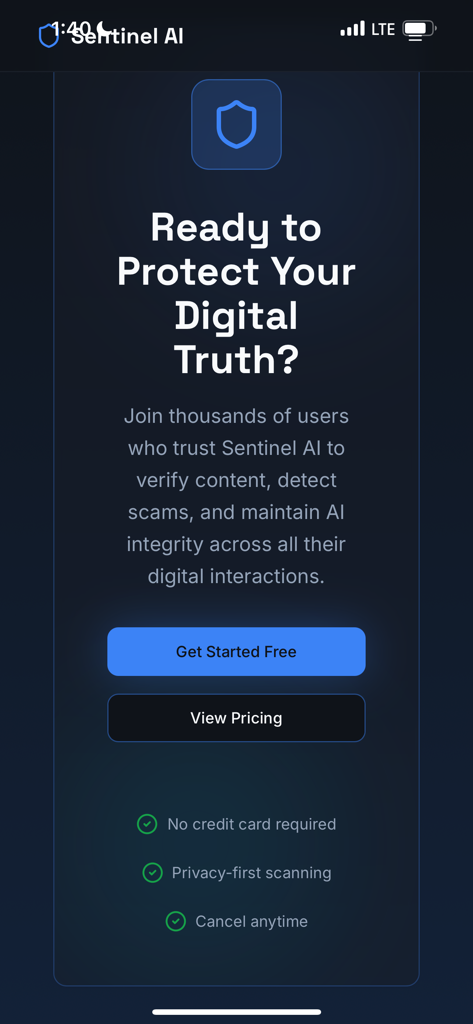 Sentinel AI Guardian - Pantalla de bienvenida de la aplicación Sentinel AI Guardian con los botones 'Comenzar' y 'Ver Precios'