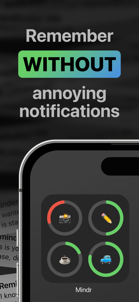 Reminder Widget by Mindr - Mindr 미리 알림 위젯이 iPhone 홈 화면에 원형 작업 진행률 표시기를 보여줍니다.