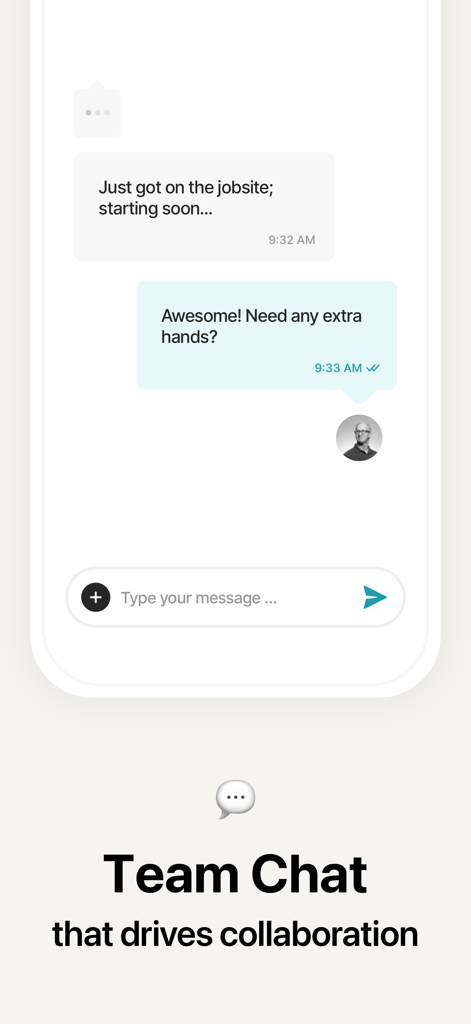 Atto - Time Clock & Scheduling - Atto mobile app team chat interface showing field employee communication and jobsite updates