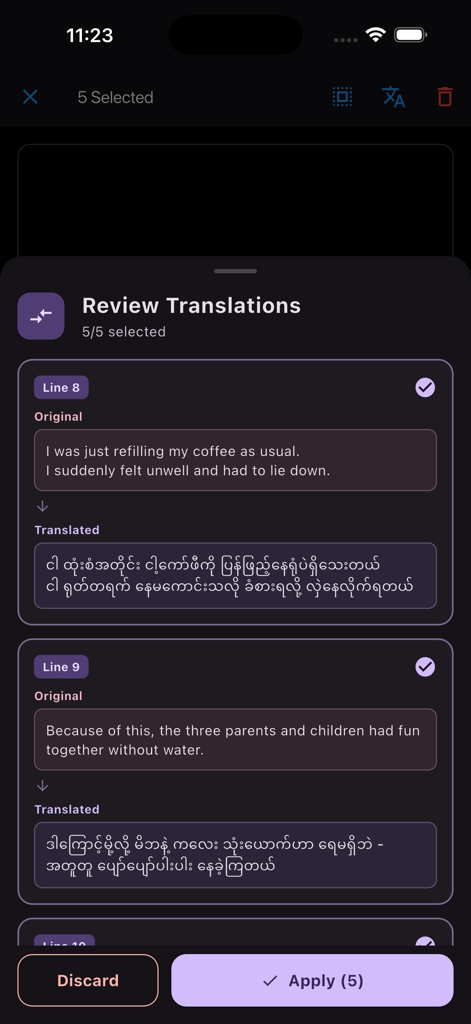 Trans With Me - A mobile interface from the Trans With Me app showing a side by side comparison of original English subtitles and AI translated Burmese text for review