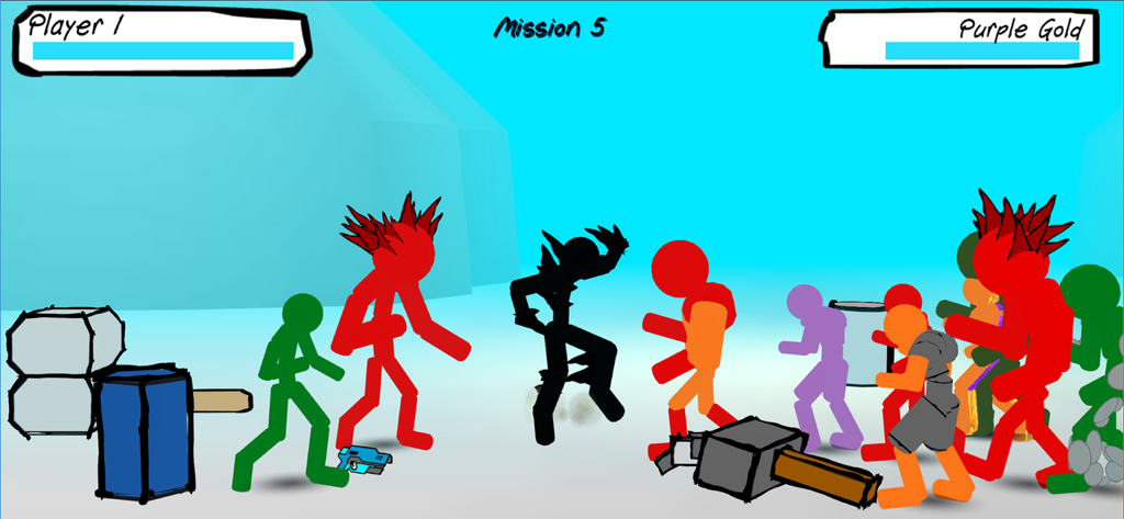 Stickman Street Fighting - A black stickman character fighting against several colorful stickman enemies in a street battle level.