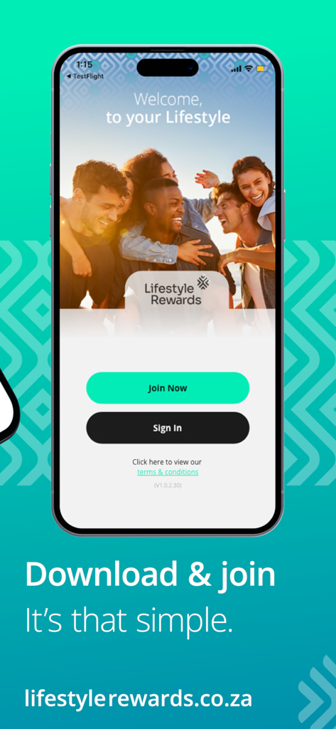 Lifestyle Rewards - Lifestyle Rewards mobile app welcome screen with Join Now and Sign In buttons