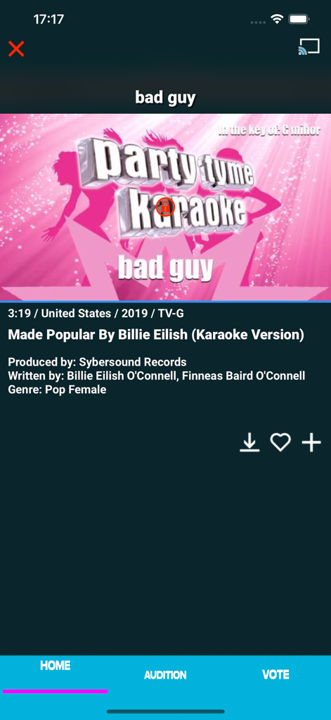 Party Tyme Karaoke - Interface of the Party Tyme Karaoke app showing details for the song bad guy by Billie Eilish